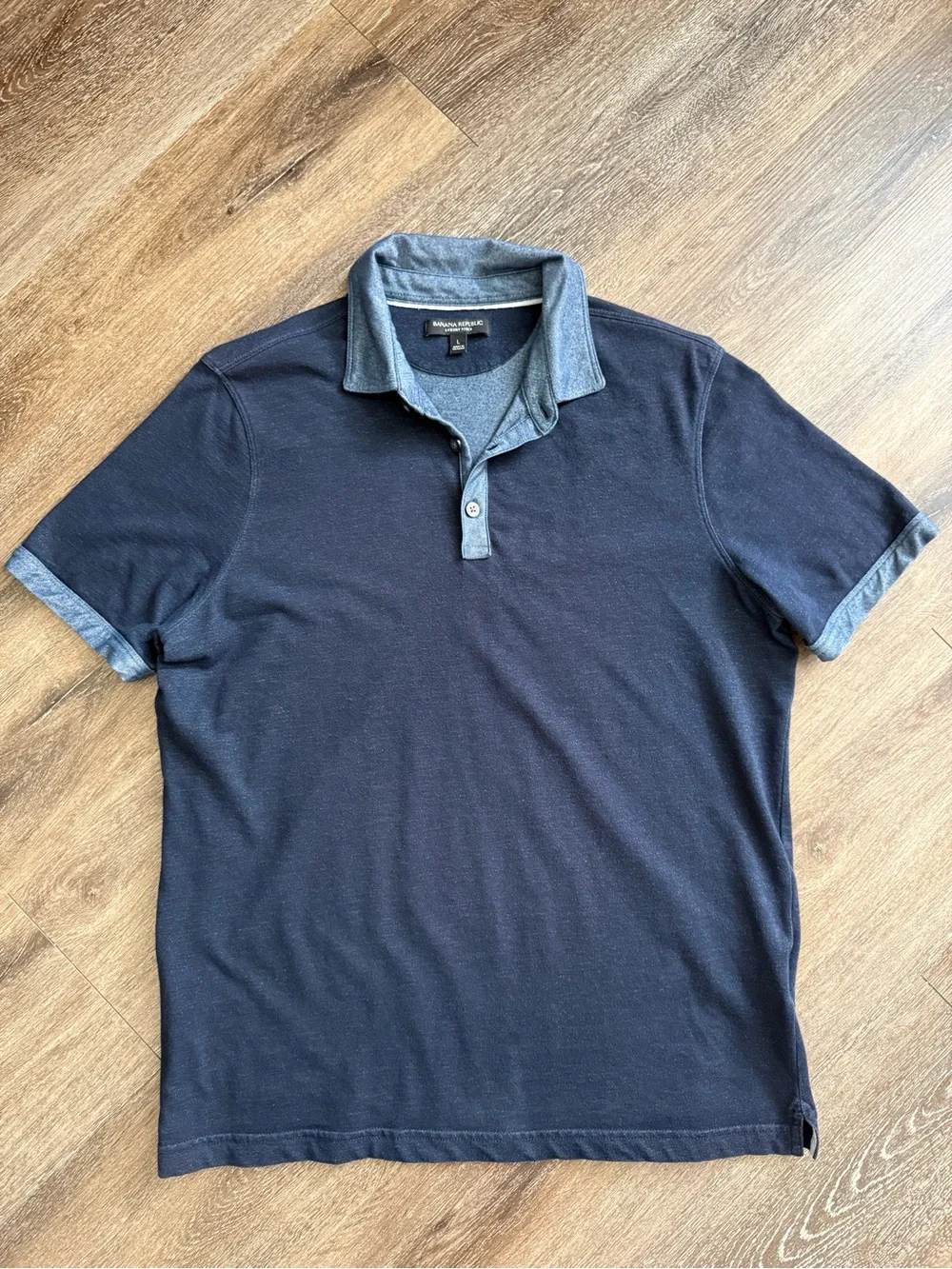 Banana Republic Men's Navy Polo with Heathered Light Blue Trim